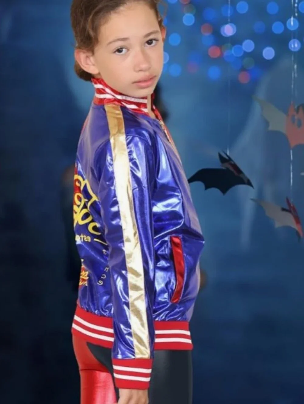 Harlequin Split-Color Metallic Satin Bomber Jacket - Red & Blue Size Medium NWOT